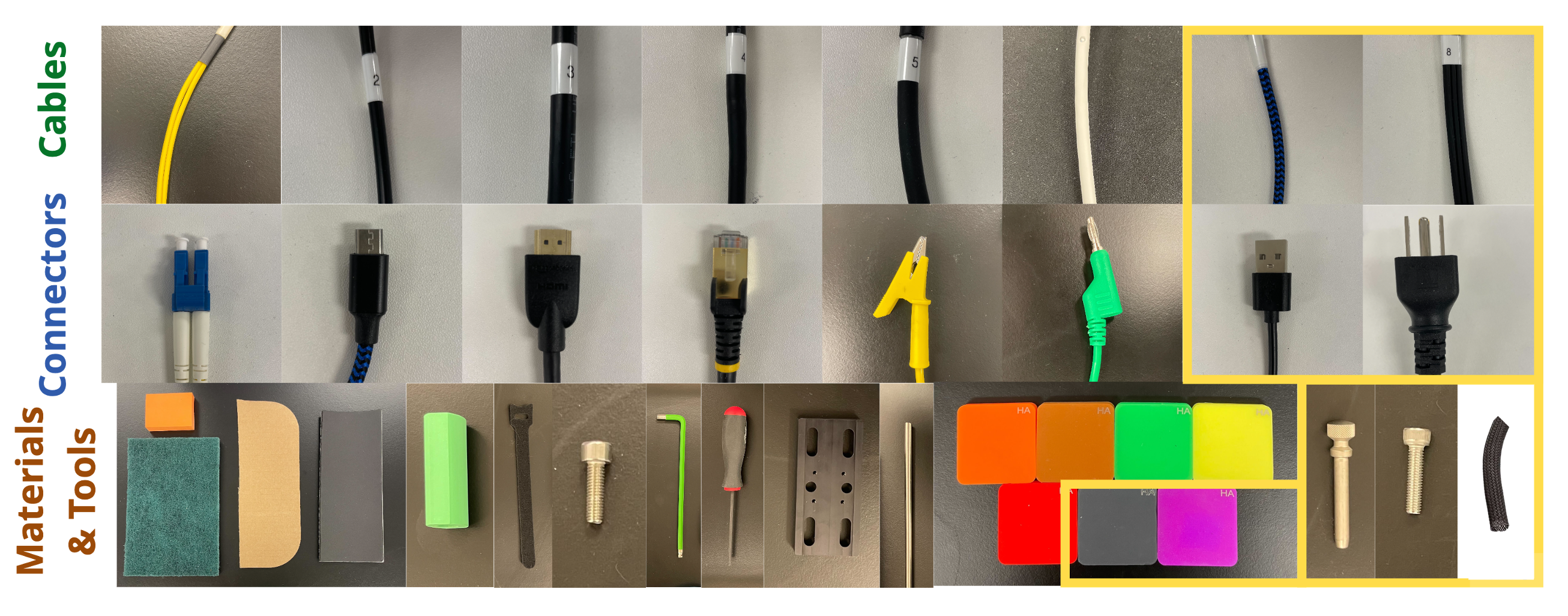 37 objects spanning cables, connectors, materials, and tools